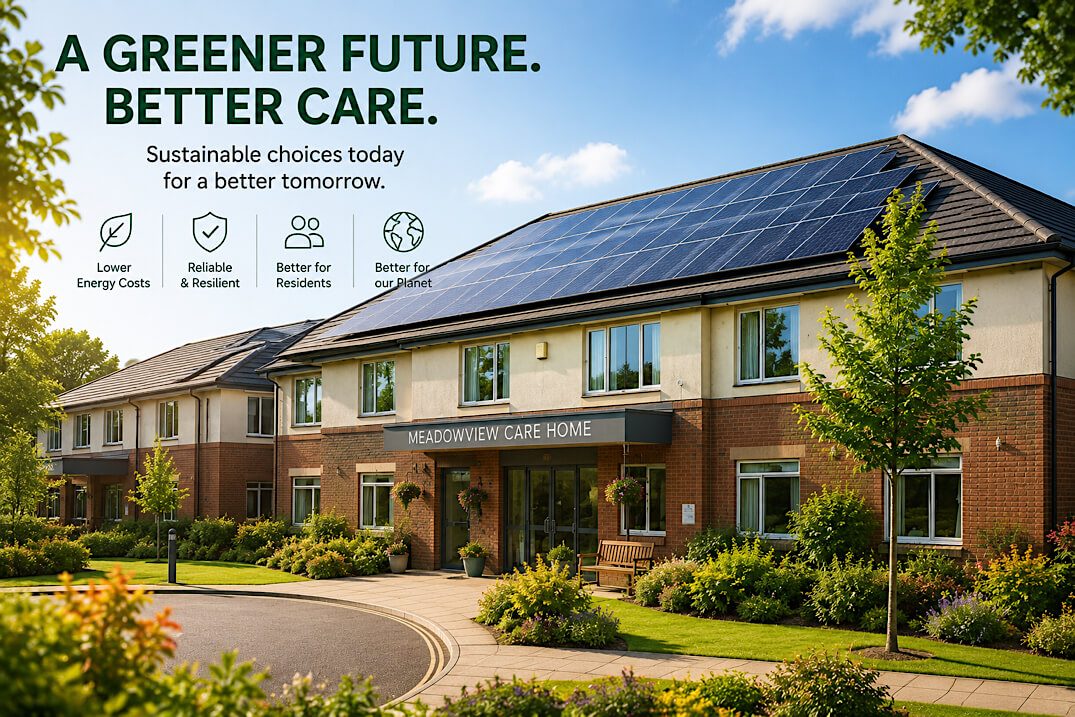 A UK care home with rooftop solar panels under a bright blue sky