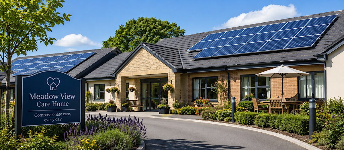 A UK care home with solar panels and landscaped gardens