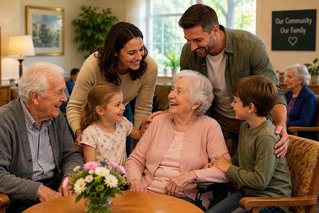 A family visiting a relative in a care home